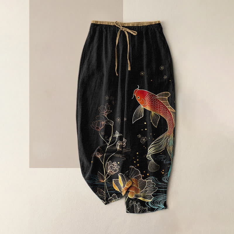 Nimara Ritual Pure Cotton Koi Fish Gold Lotus Pattern Women's Elastic Waist Pants With Pockets