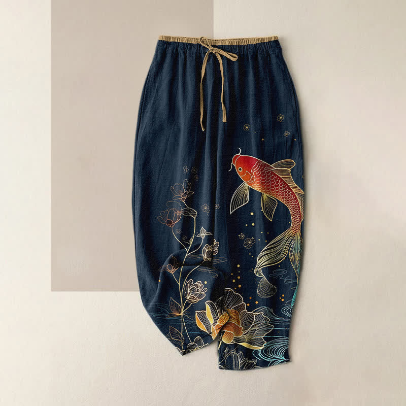 Nimara Ritual Pure Cotton Koi Fish Gold Lotus Pattern Women's Elastic Waist Pants With Pockets