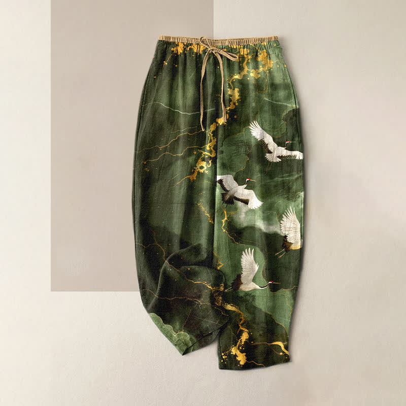 Nimara Ritual Pure Cotton Elegant White Crane Gold Pattern Women's Elastic Waist Pants With Pockets