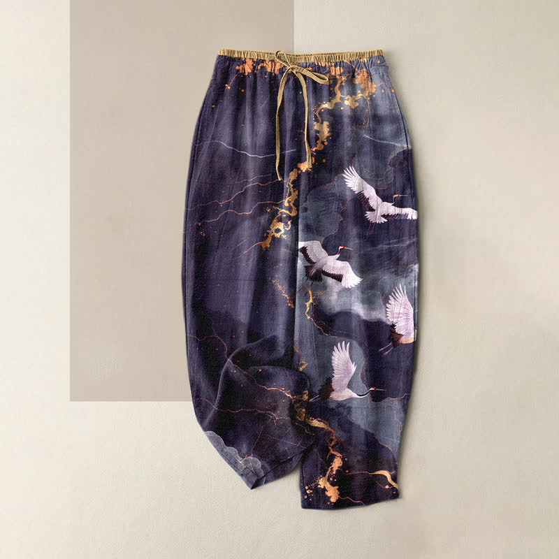 Nimara Ritual Pure Cotton Elegant White Crane Gold Pattern Women's Elastic Waist Pants With Pockets