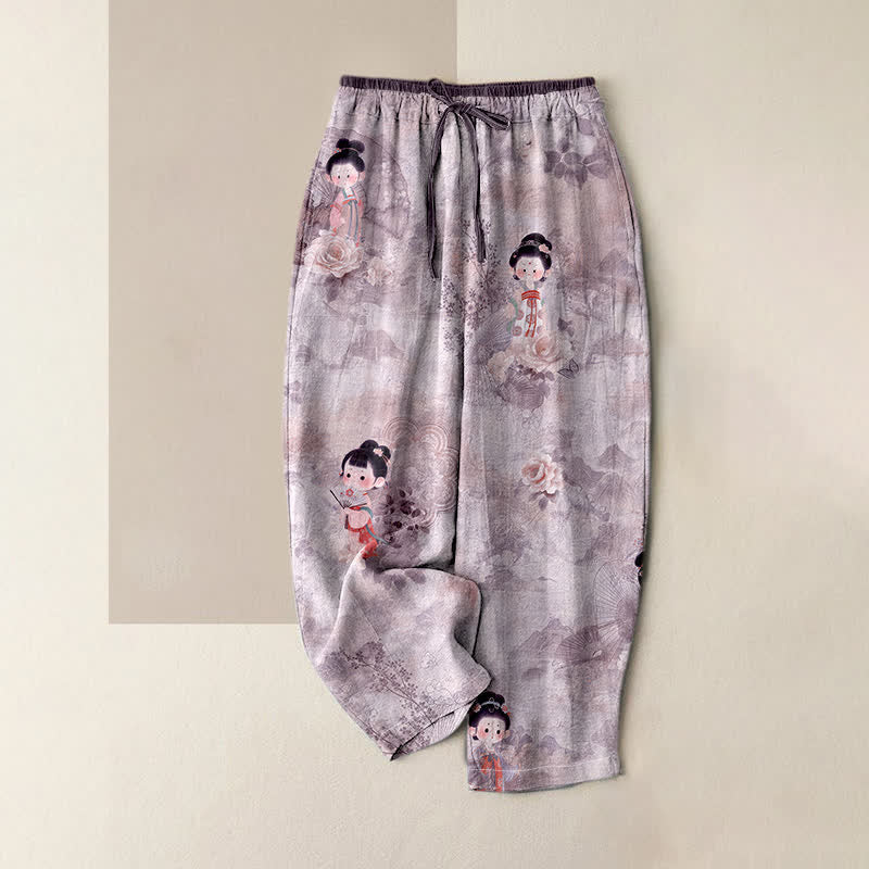 Nimara Ritual Pure Cotton Vintage Geisha Floral Pattern Women's Elastic Waist Pants With Pockets