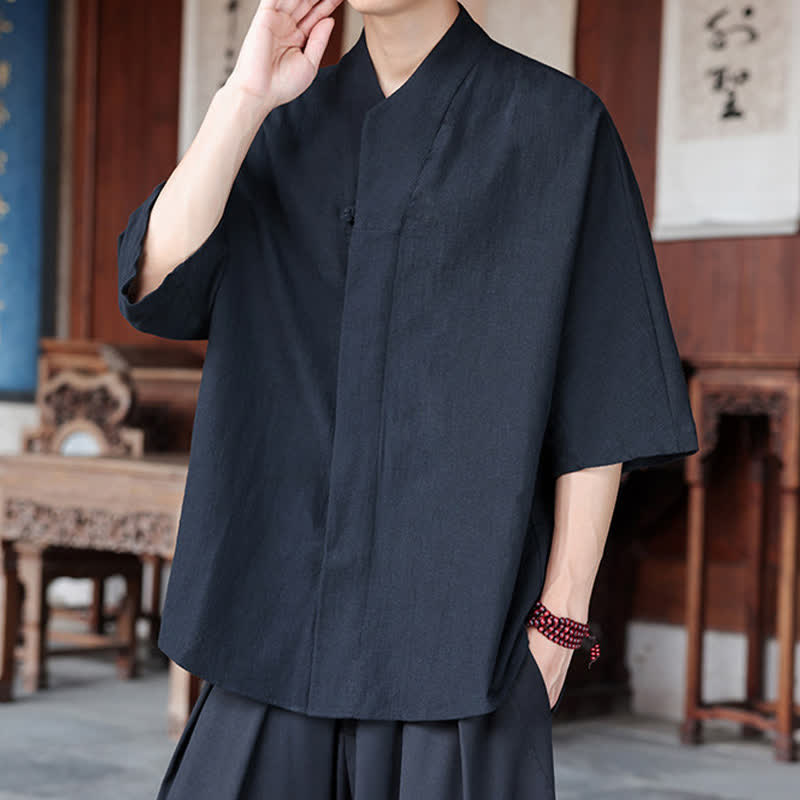 Nimara Ritual Spring Summer Tang Style Minimalist Pankou Solid Men's Elbow-Length Shirts