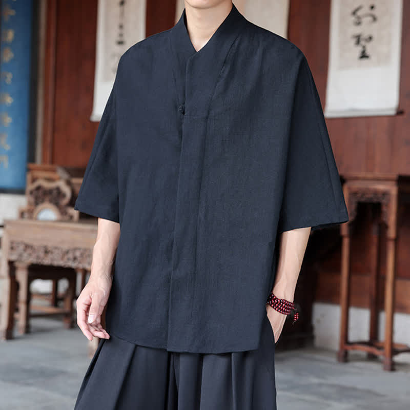 Nimara Ritual Spring Summer Tang Style Minimalist Pankou Solid Men's Elbow-Length Shirts