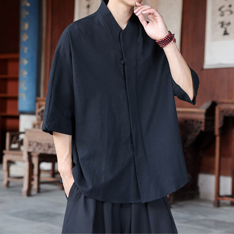 Nimara Ritual Spring Summer Tang Style Minimalist Pankou Solid Men's Elbow-Length Shirts
