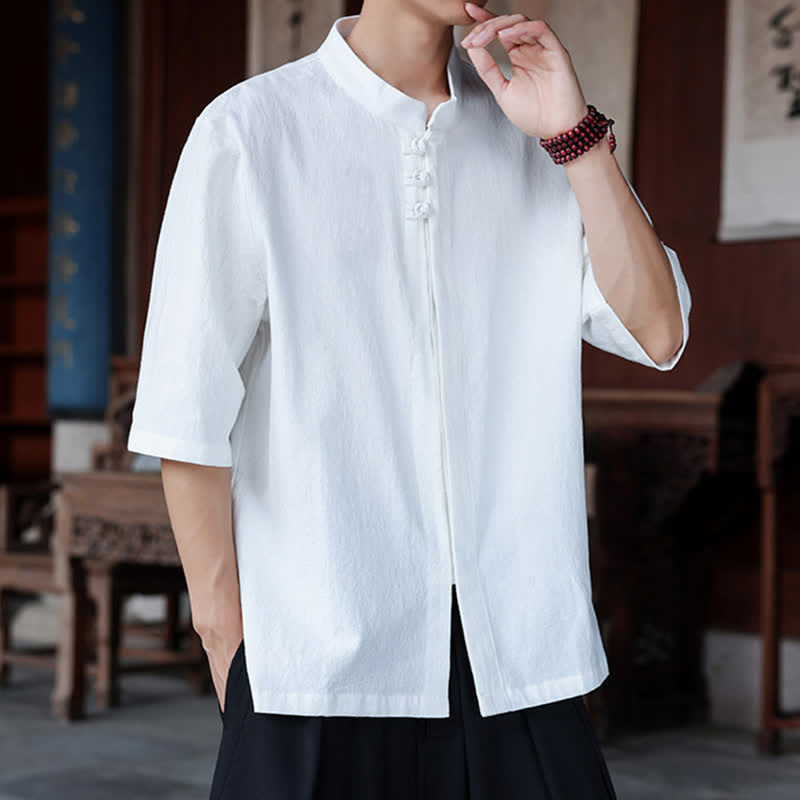 Nimara Ritual Spring Summer Tang Style Casual Frog Button Solid Cotton Linen Men's Elbow-Length Sleeve Shirts