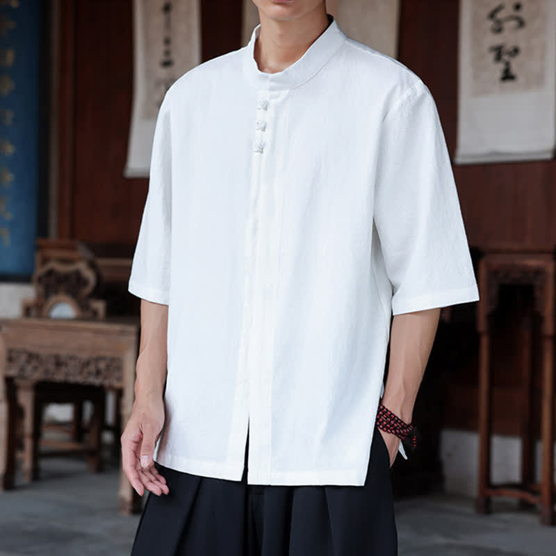 Nimara Ritual Spring Summer Tang Style Casual Frog Button Solid Cotton Linen Men's Elbow-Length Sleeve Shirts