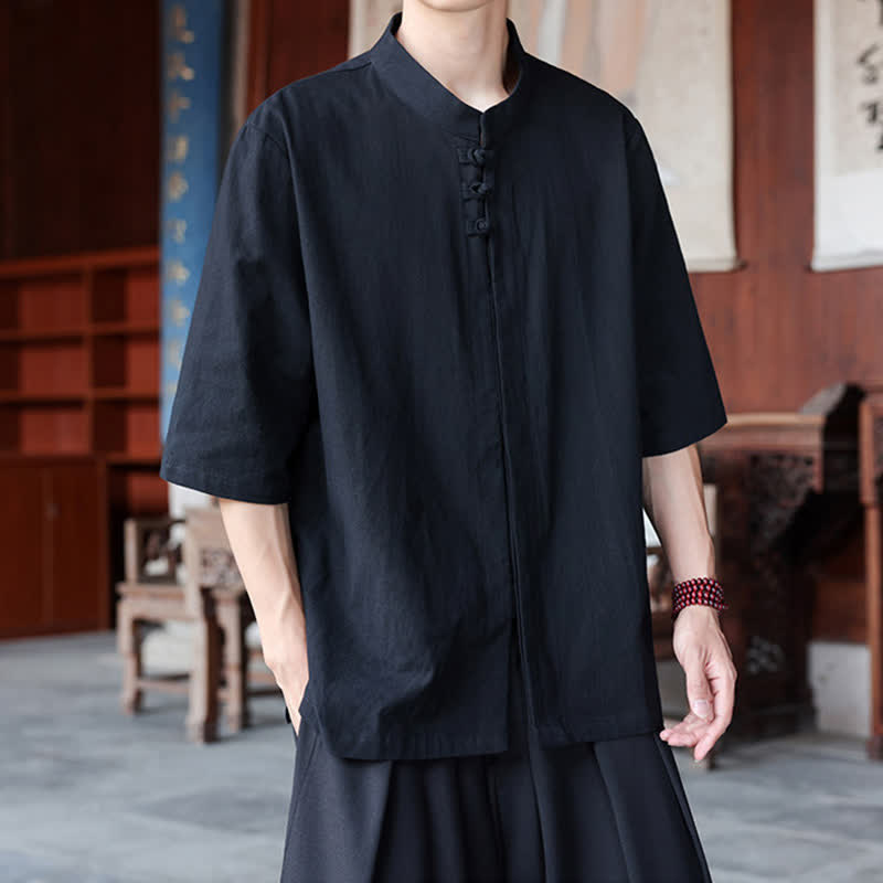 Nimara Ritual Spring Summer Tang Style Casual Frog Button Solid Cotton Linen Men's Elbow-Length Sleeve Shirts