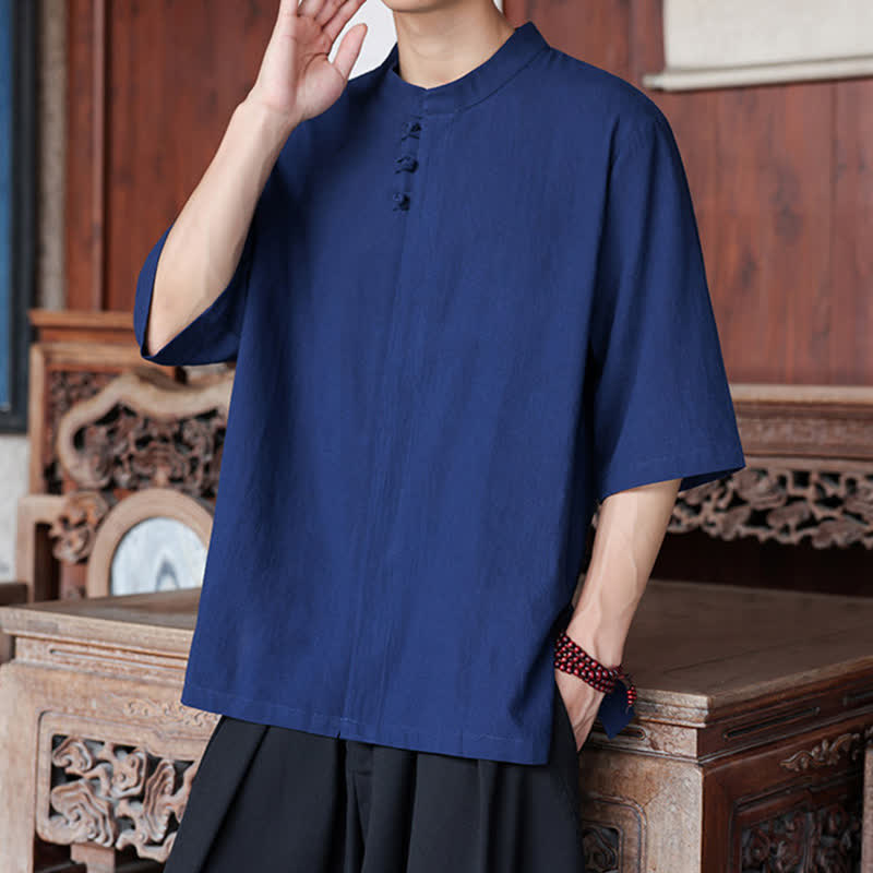 Nimara Ritual Spring Summer Tang Style Casual Frog Button Solid Cotton Linen Men's Elbow-Length Sleeve Shirts