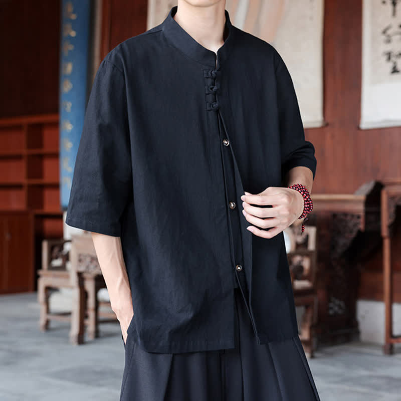 Nimara Ritual Spring Summer Tang Style Casual Frog Button Solid Cotton Linen Men's Elbow-Length Sleeve Shirts