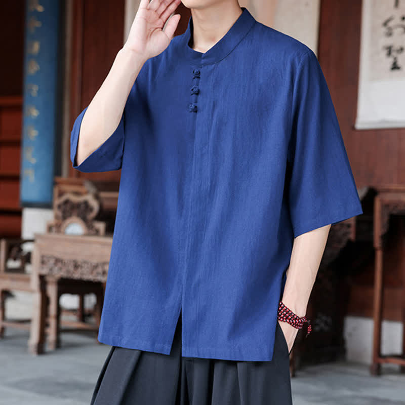 Nimara Ritual Spring Summer Tang Style Casual Frog Button Solid Cotton Linen Men's Elbow-Length Sleeve Shirts