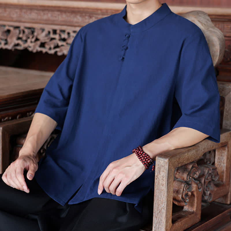 Nimara Ritual Spring Summer Tang Style Casual Frog Button Solid Cotton Linen Men's Elbow-Length Sleeve Shirts