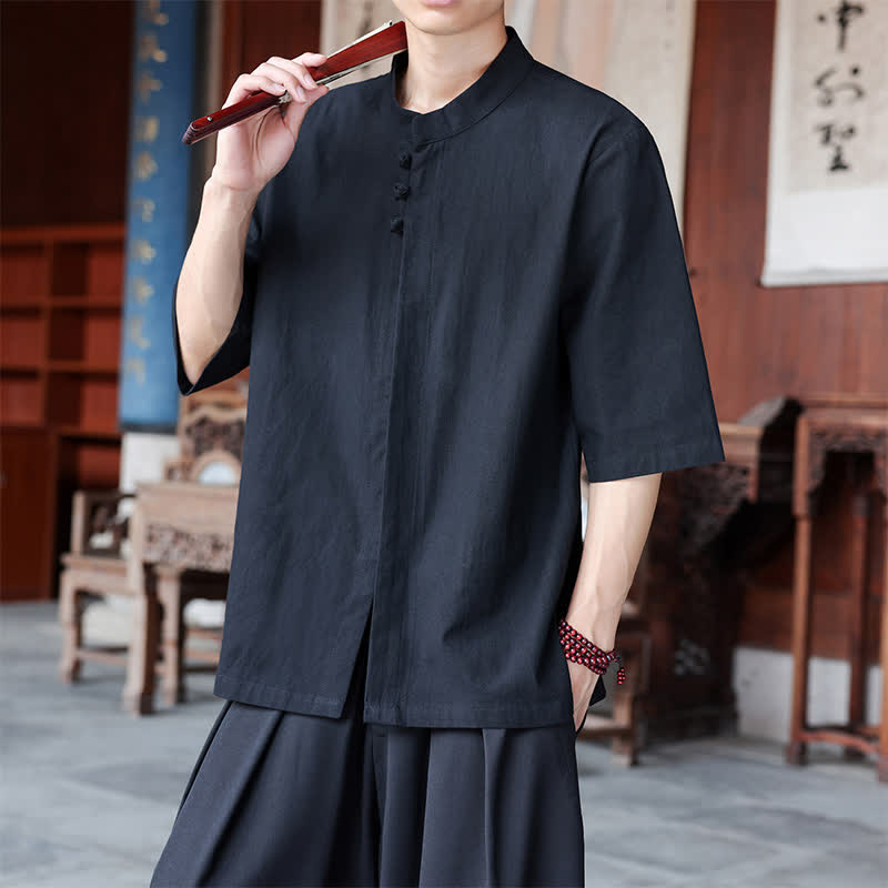 Nimara Ritual Spring Summer Tang Style Casual Frog Button Solid Cotton Linen Men's Elbow-Length Sleeve Shirts