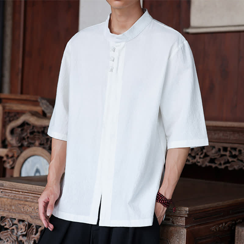 Nimara Ritual Spring Summer Tang Style Casual Frog Button Solid Cotton Linen Men's Elbow-Length Sleeve Shirts