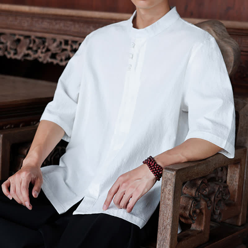 Nimara Ritual Spring Summer Tang Style Casual Frog Button Solid Cotton Linen Men's Elbow-Length Sleeve Shirts