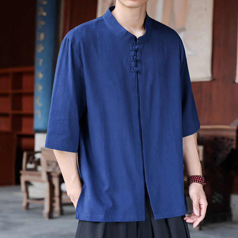 Nimara Ritual Spring Summer Tang Style Casual Frog Button Solid Cotton Linen Men's Elbow-Length Sleeve Shirts