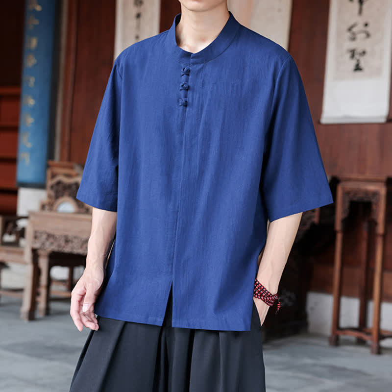 Nimara Ritual Spring Summer Tang Style Casual Frog Button Solid Cotton Linen Men's Elbow-Length Sleeve Shirts