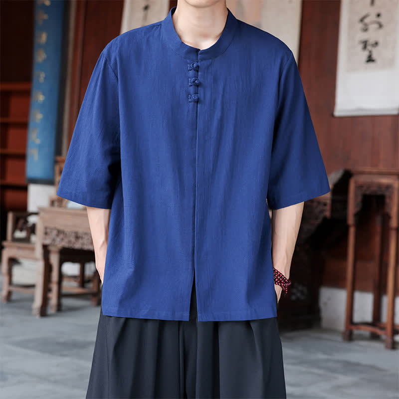 Nimara Ritual Spring Summer Tang Style Casual Frog Button Solid Cotton Linen Men's Elbow-Length Sleeve Shirts