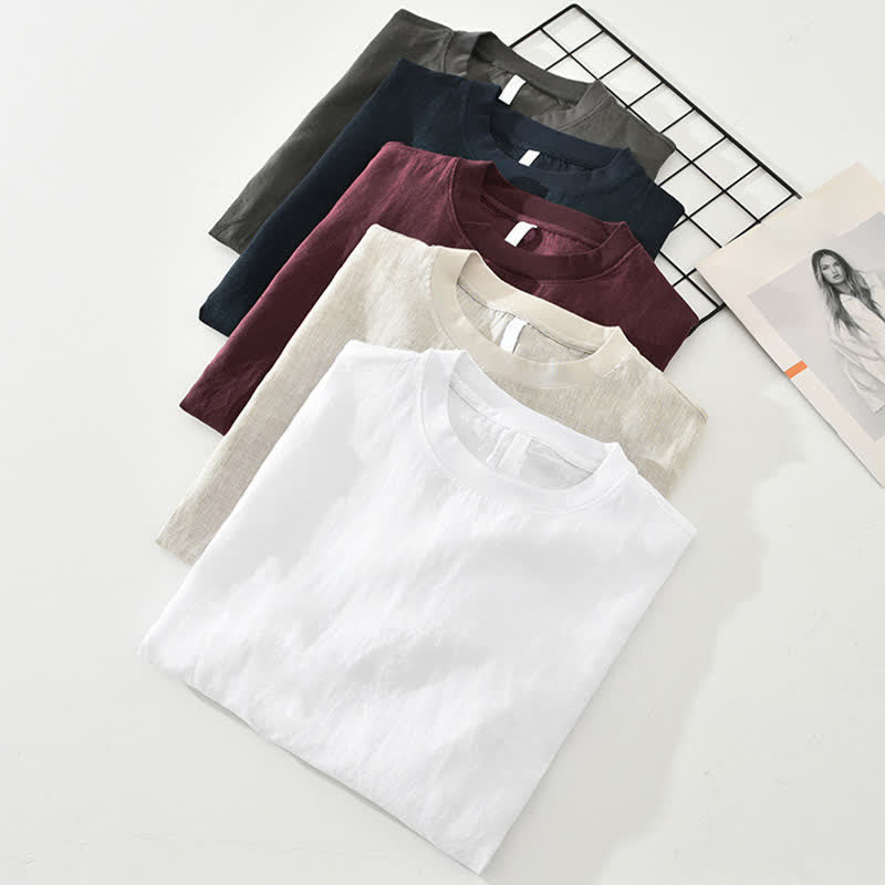 Nimara Ritual Summer Casual Minimalist Solid Linen Crew Neck Men's Short Sleeve T-Shirts