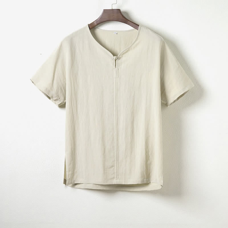 Nimara Ritual Summer Casual Tang Style V-Neck Solid Men's Short Sleeve Shirts