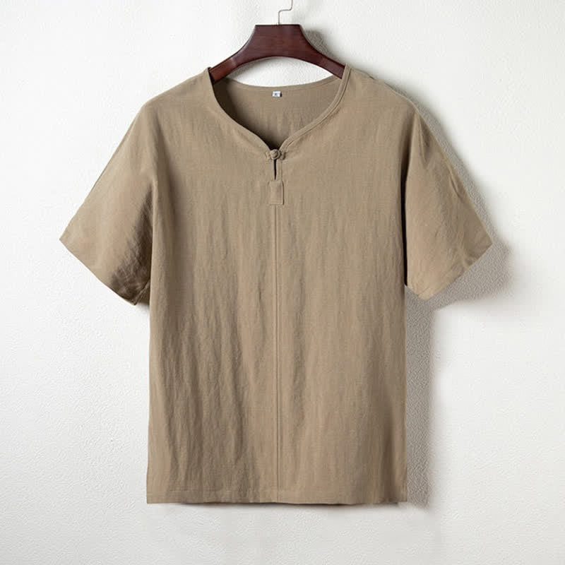 Nimara Ritual Summer Casual Tang Style V-Neck Solid Men's Short Sleeve Shirts