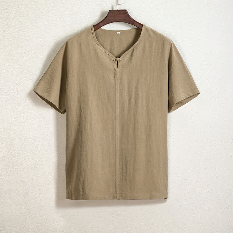 Nimara Ritual Summer Casual Tang Style V-Neck Solid Men's Short Sleeve Shirts