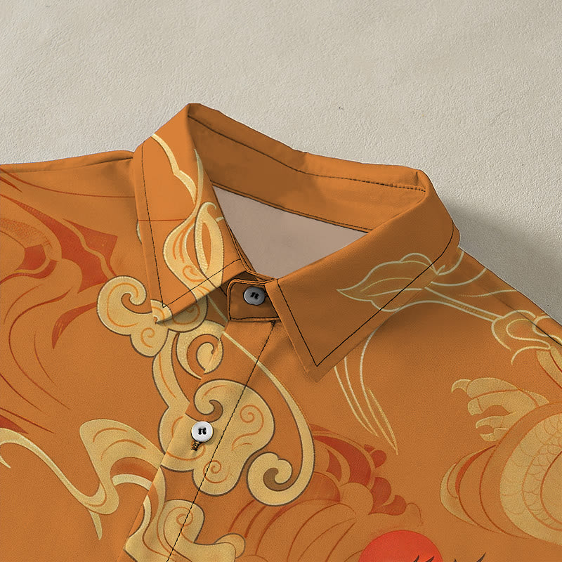 Nimara Ritual Auspicious Cloud Celestial Crane Pattern Buttons Breathable Men's Short Sleeve Shirt