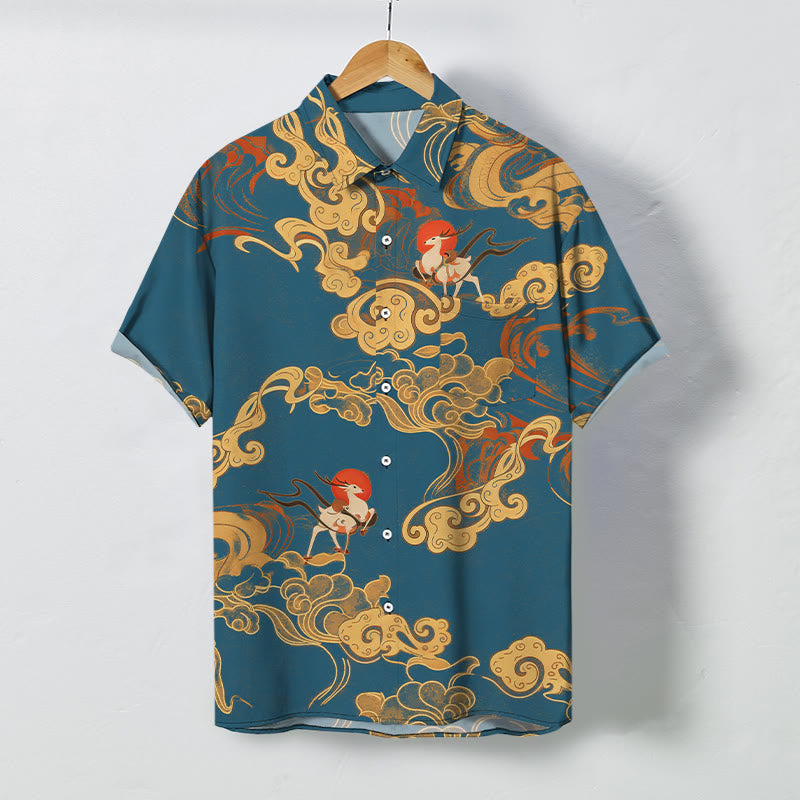 Nimara Ritual Auspicious Cloud Celestial Crane Pattern Buttons Breathable Men's Short Sleeve Shirt