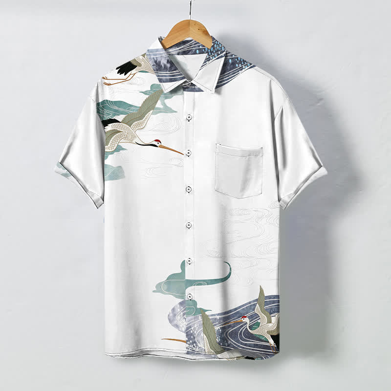 Nimara Ritual Crane Wave Cloud Pattern Buttons Breathable Men's Short Sleeve Shirt