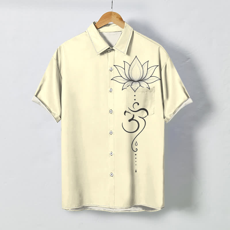 Nimara Ritual Lotus Om Line Art Pattern Buttons Breathable Men's Short Sleeve Shirt