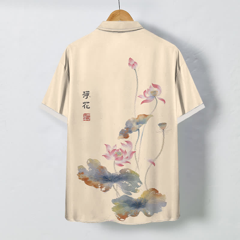 Nimara Ritual Ink Lotus Calligraphy Pattern Buttons Breathable Men's Short Sleeve Shirt