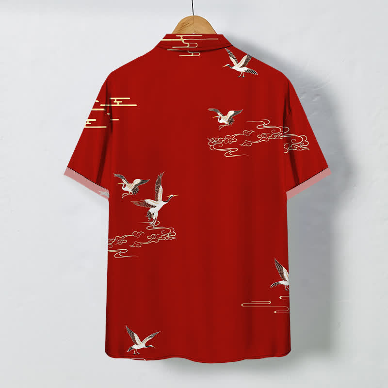 Nimara Ritual Red Crane Cloud Pattern Buttons Wrinkle-resistant Men's Short Sleeve Shirt