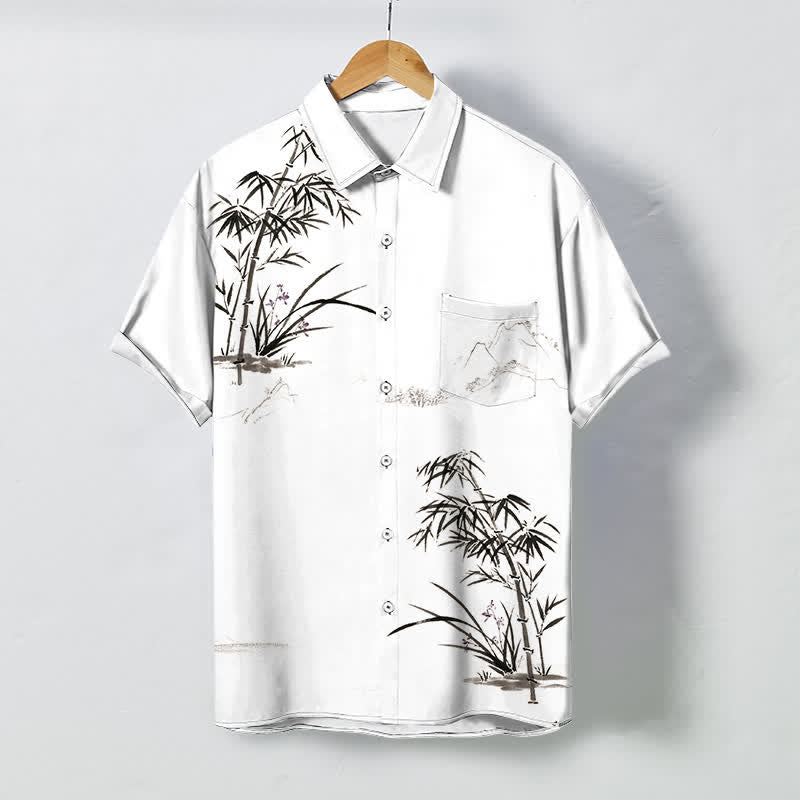 Nimara Ritual Ink Bamboo Landscape Pattern Buttons Breathable Men's Short Sleeve Shirt