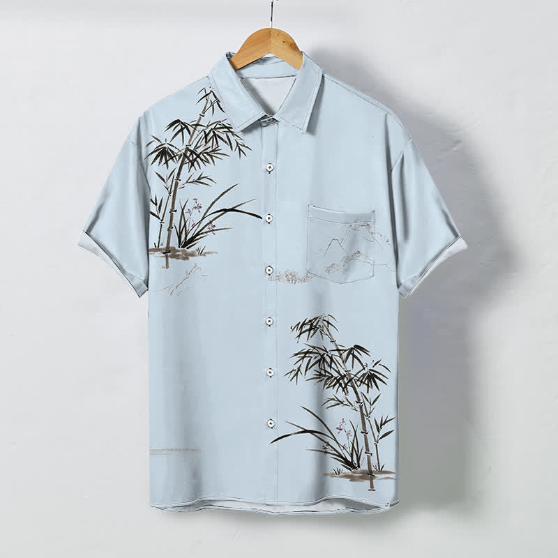 Nimara Ritual Ink Bamboo Landscape Pattern Buttons Breathable Men's Short Sleeve Shirt