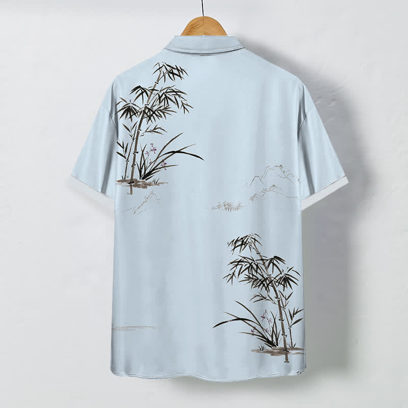 Nimara Ritual Ink Bamboo Landscape Pattern Buttons Breathable Men's Short Sleeve Shirt
