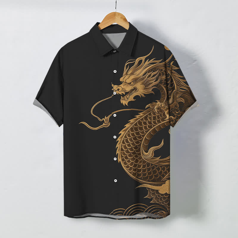 Nimara Ritual Golden Eastern Dragon Pattern Buttons Breathable Men's Short Sleeve Shirt