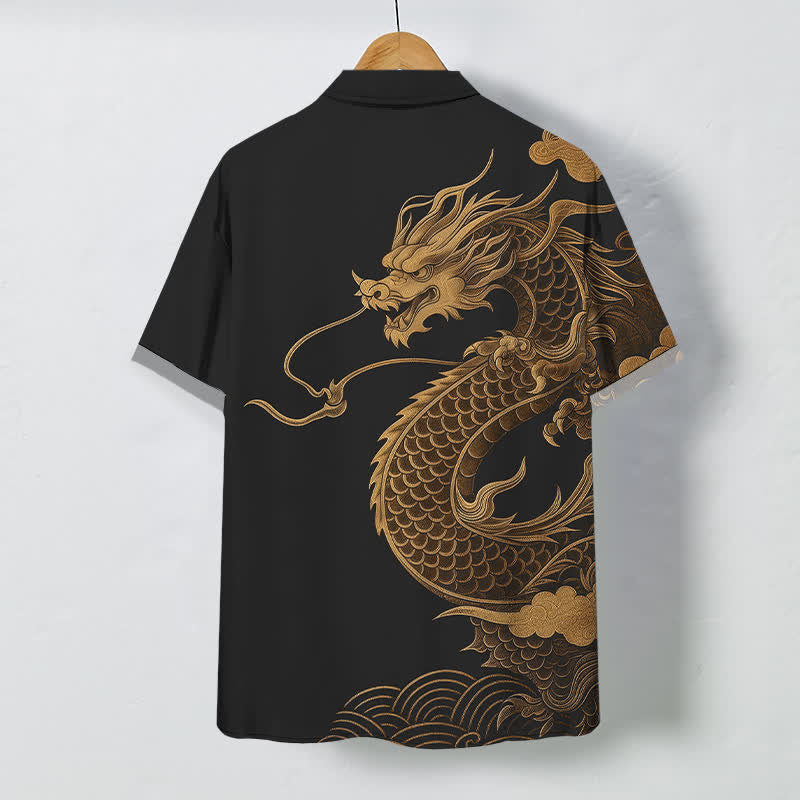 Nimara Ritual Golden Eastern Dragon Pattern Buttons Breathable Men's Short Sleeve Shirt