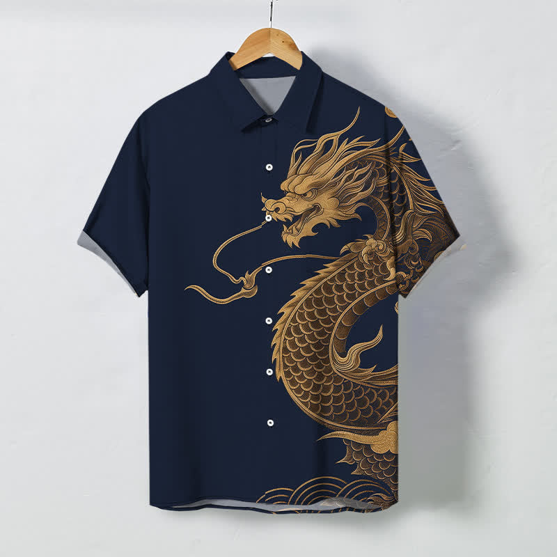 Nimara Ritual Golden Eastern Dragon Pattern Buttons Breathable Men's Short Sleeve Shirt
