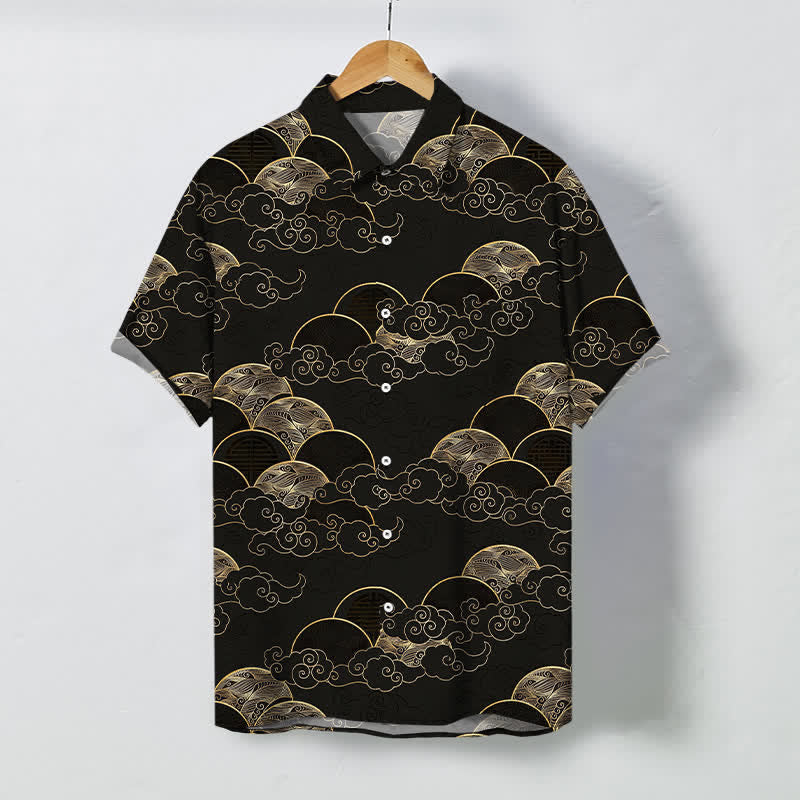 Nimara Ritual Golden Cloud Wave Moon Pattern Buttons Breathable Men's Short Sleeve Shirt