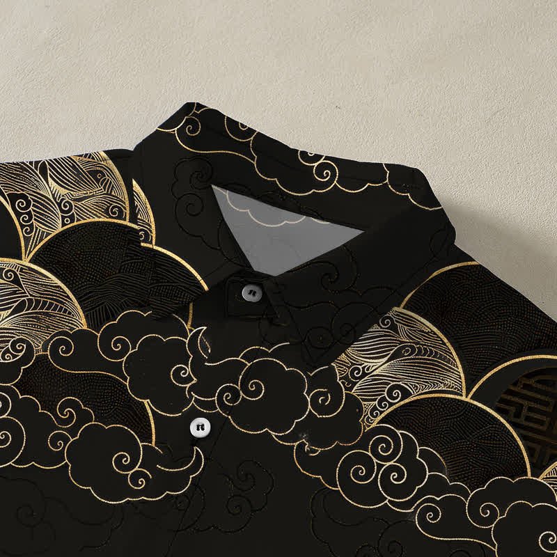 Nimara Ritual Golden Cloud Wave Moon Pattern Buttons Breathable Men's Short Sleeve Shirt