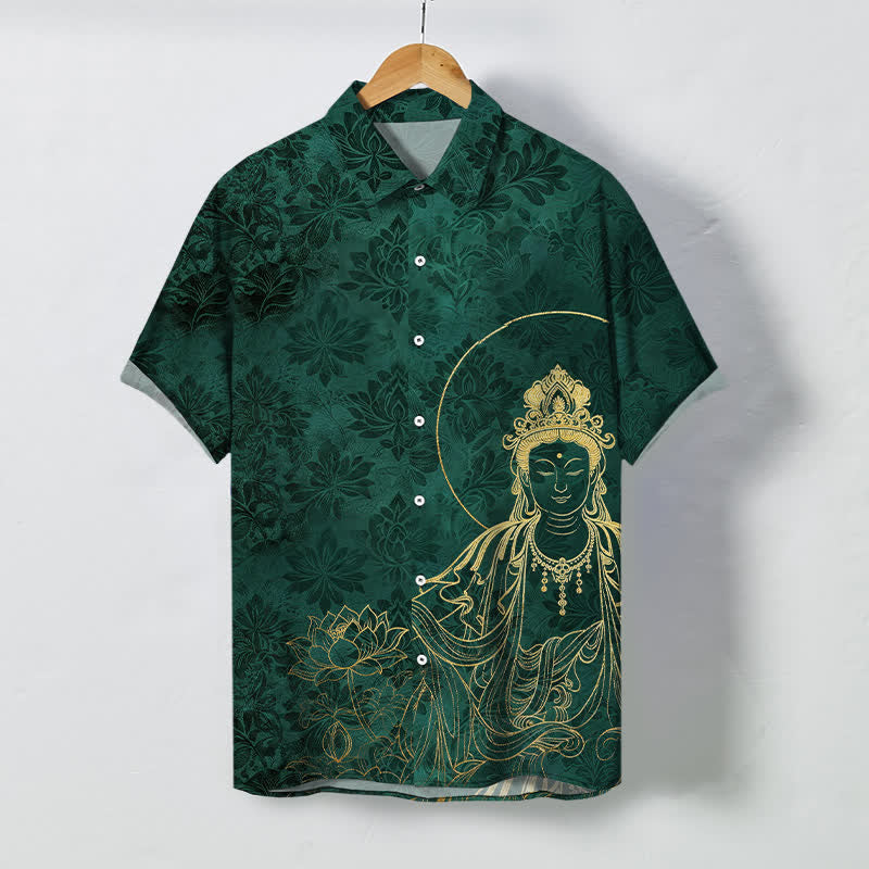 Nimara Ritual Vintage Botanical Lotus Figure Pattern Buttons Wrinkle-resistant Men's Short Sleeve Shirt