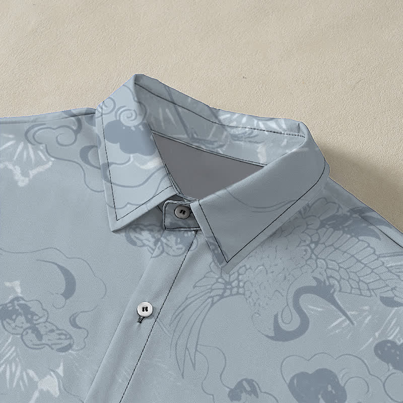 Nimara Ritual Cloud Crane Pattern Buttons Breathable Men's Short Sleeve Shirt