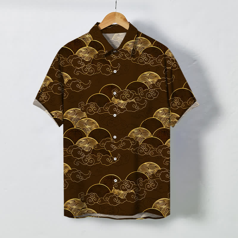 Nimara Ritual Golden Cloud Wave Moon Pattern Buttons Breathable Men's Short Sleeve Shirt