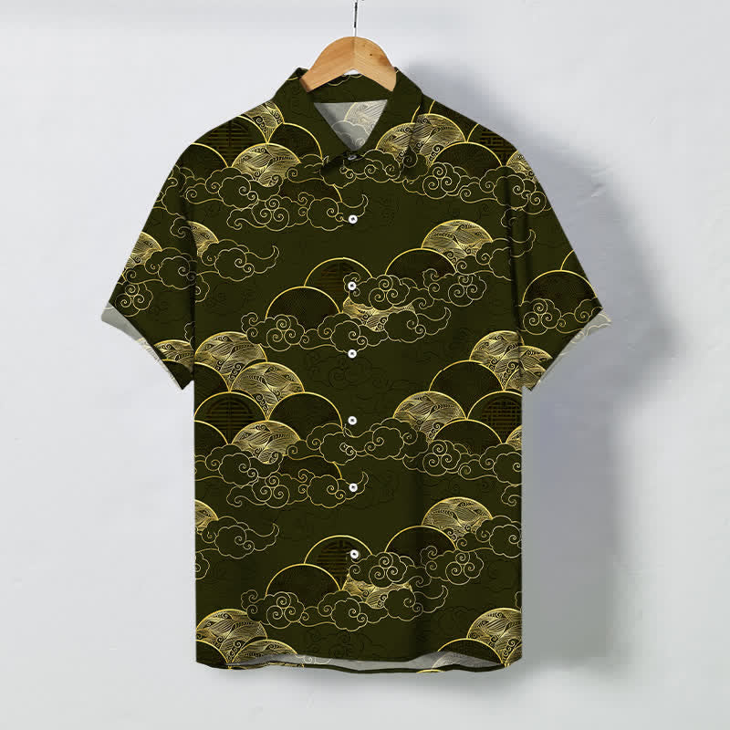 Nimara Ritual Golden Cloud Wave Moon Pattern Buttons Breathable Men's Short Sleeve Shirt