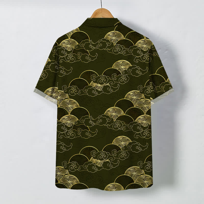 Nimara Ritual Golden Cloud Wave Moon Pattern Buttons Breathable Men's Short Sleeve Shirt