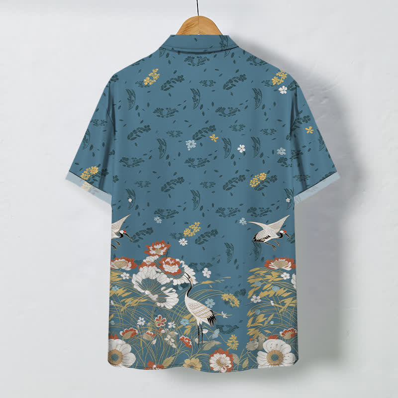 Nimara Ritual Floral Crane Pattern Buttons Breathable Men's Short Sleeve Shirt