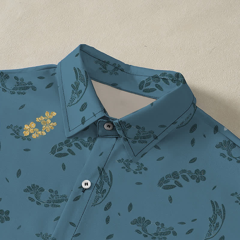 Nimara Ritual Floral Crane Pattern Buttons Breathable Men's Short Sleeve Shirt