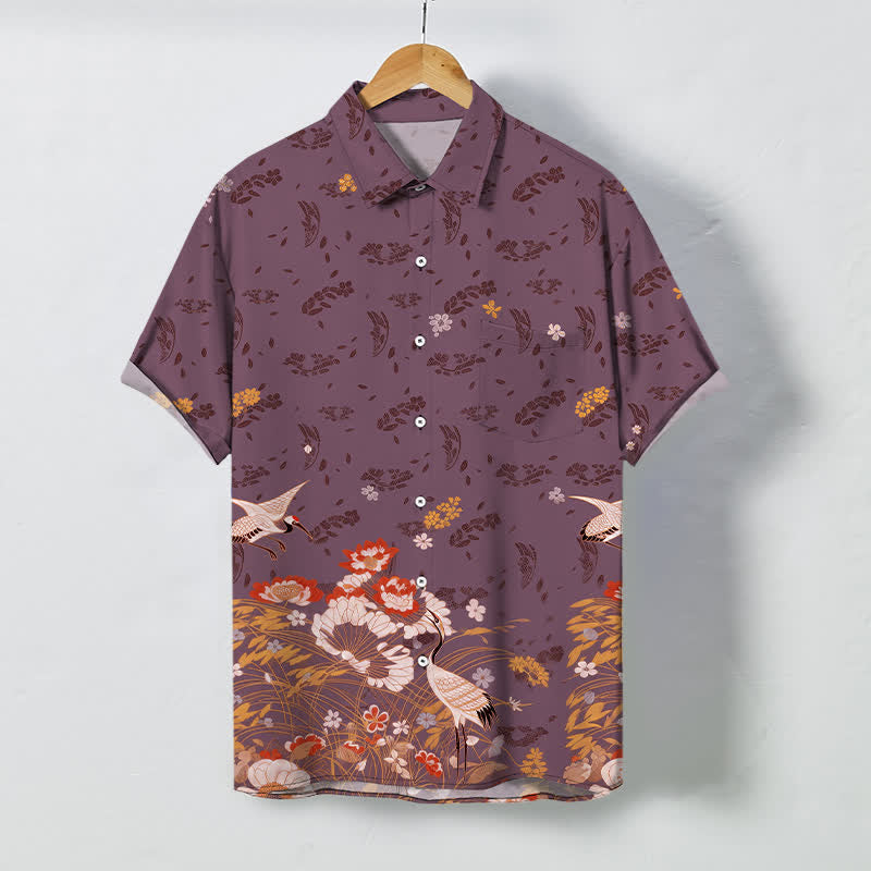 Nimara Ritual Floral Crane Pattern Buttons Breathable Men's Short Sleeve Shirt
