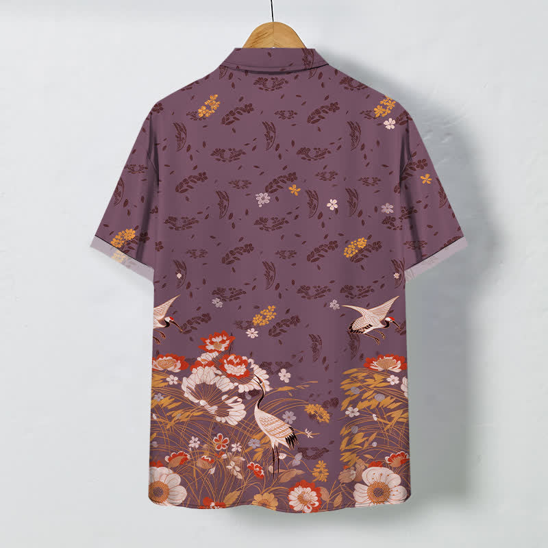 Nimara Ritual Floral Crane Pattern Buttons Breathable Men's Short Sleeve Shirt