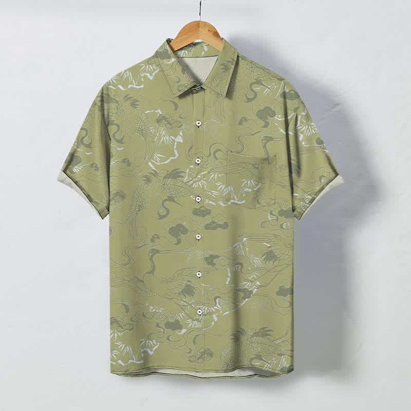 Nimara Ritual Cloud Crane Pattern Buttons Breathable Men's Short Sleeve Shirt