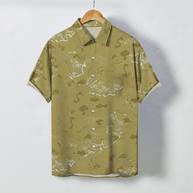 Nimara Ritual Cloud Crane Pattern Buttons Breathable Men's Short Sleeve Shirt